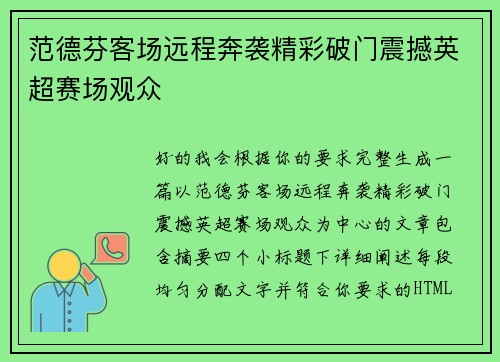 范德芬客场远程奔袭精彩破门震撼英超赛场观众