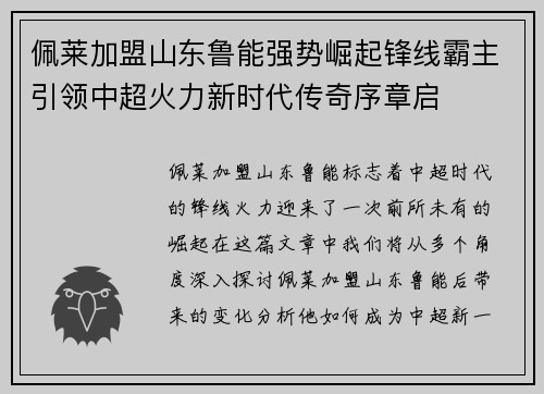 佩莱加盟山东鲁能强势崛起锋线霸主引领中超火力新时代传奇序章启