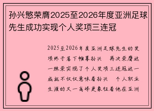 孙兴慜荣膺2025至2026年度亚洲足球先生成功实现个人奖项三连冠